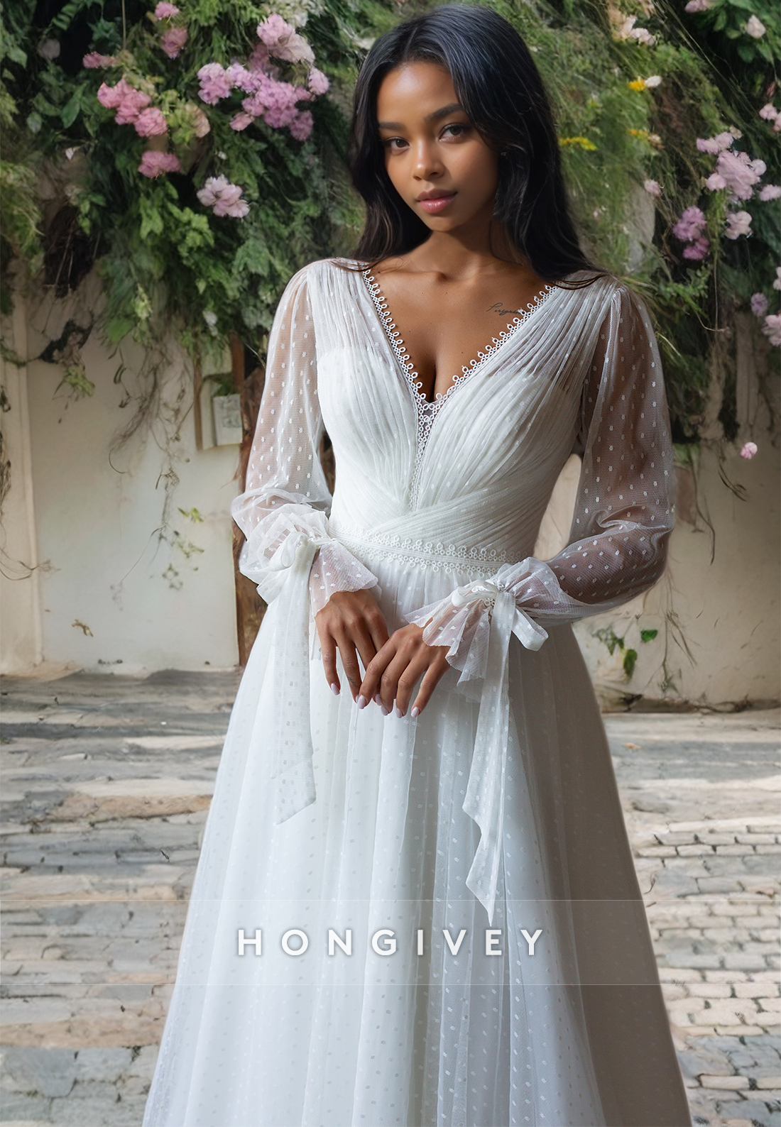 Tulle Aline Vneck Long Sleeve Boho Wedding Dress