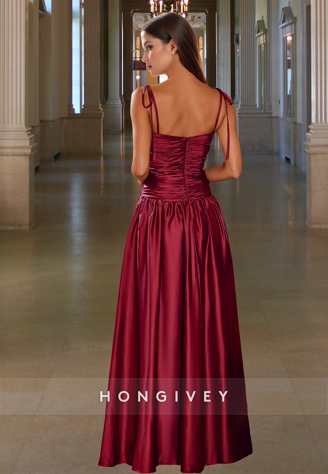 Square Spaghetti Straps Ruched Dark Red Aline Simple Evening Prom Dress