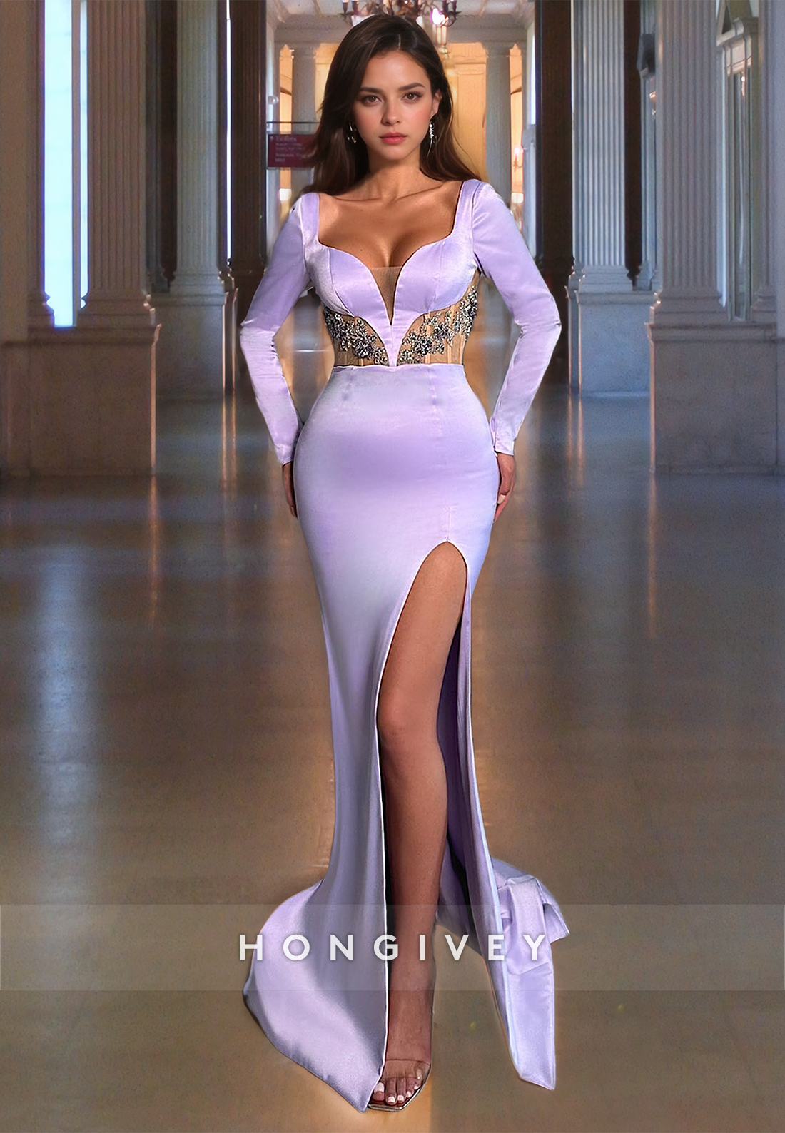 Gorgeous Beaded Long Sleeves Formal Evening Dress Square Neck Lilac Prom Gown With Train