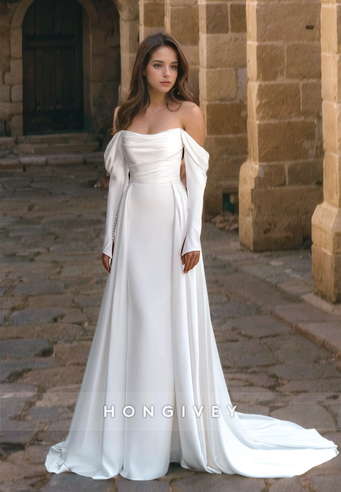 H Sexy Satin Aline Offshoulder Long Sleeve Ruched Empire With Train Wedding Dress