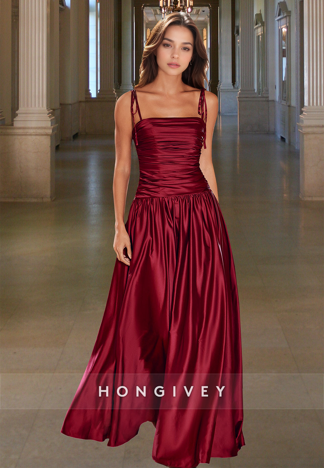 Square Spaghetti Straps Ruched Dark Red Aline Simple Evening Prom Dress