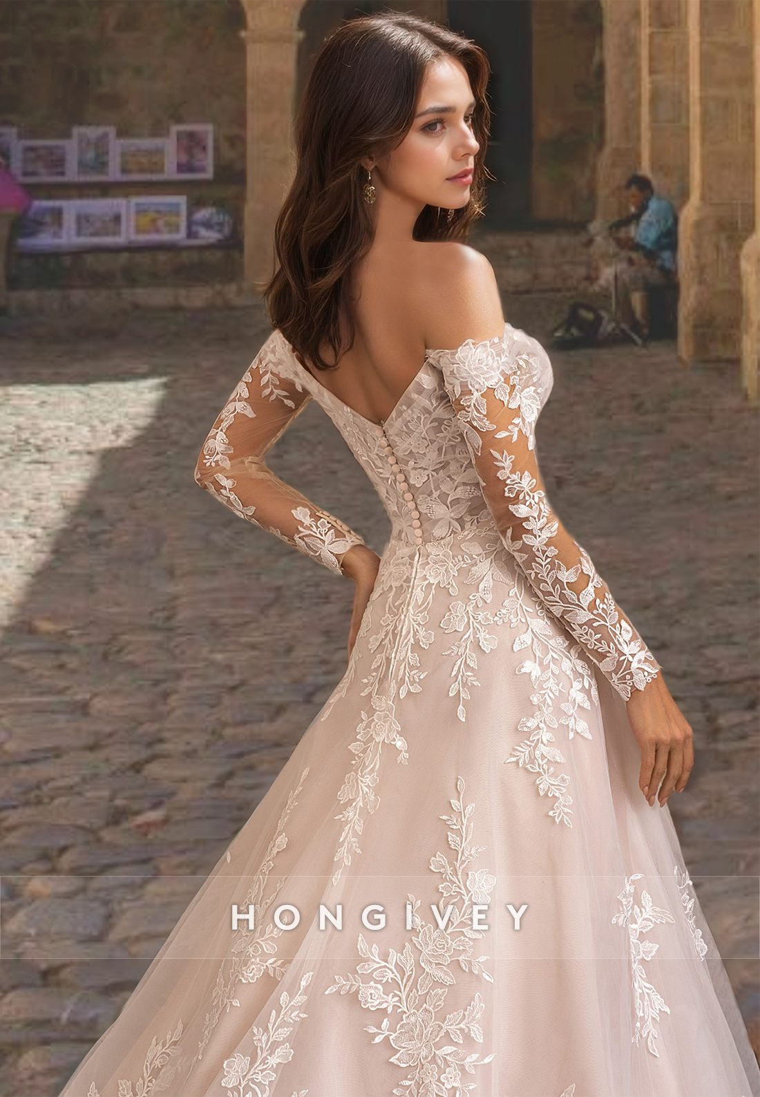 Sexy Tulle Aline Offshoulder Long Sleeve Empire Appliques With Pockets Train Wedding Dress