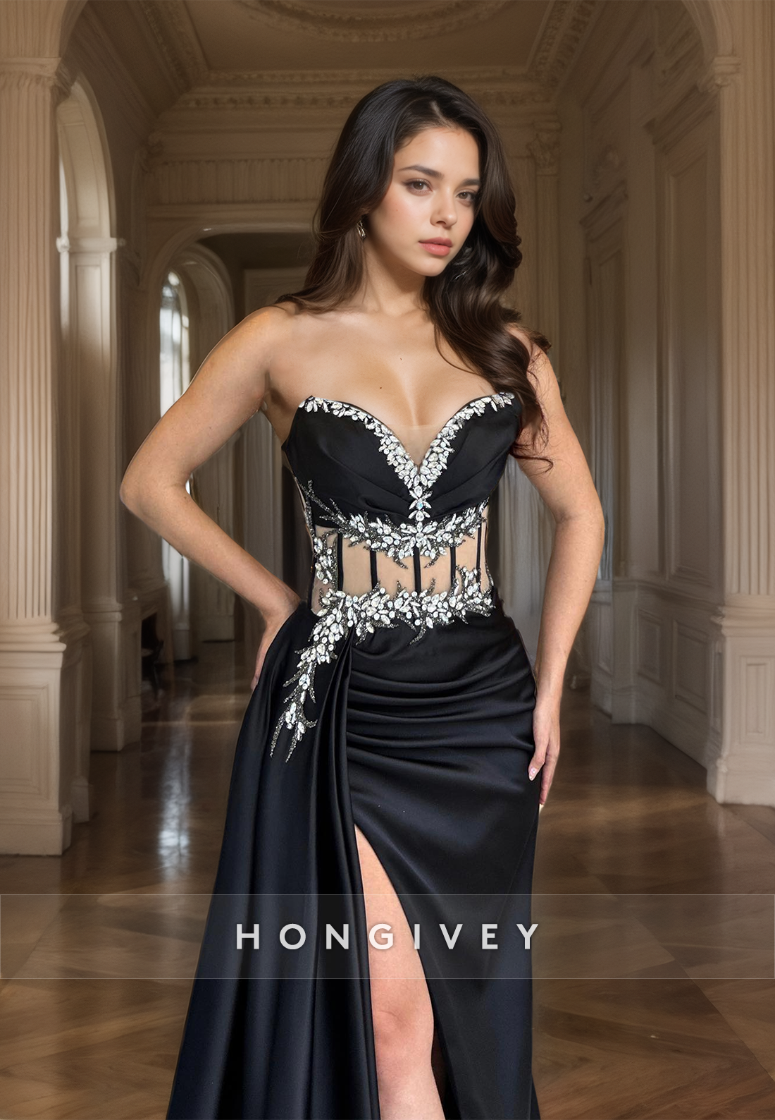 Sexy Black Strapless Evening Dress Side Slit Beaded Sweetheart Prom Gown