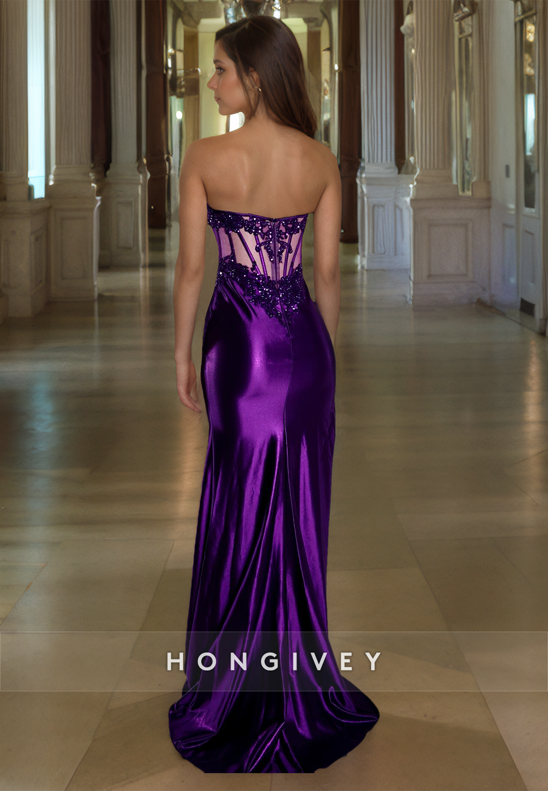 Sexy Strapless Beaded Sheath With Side Slit Purple Evening Dress Formal Gown