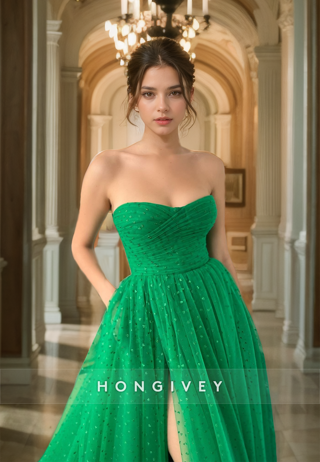 Green Polka Dot Tulle Prom Dress Strapless Aline Sweetheart Ball Gown