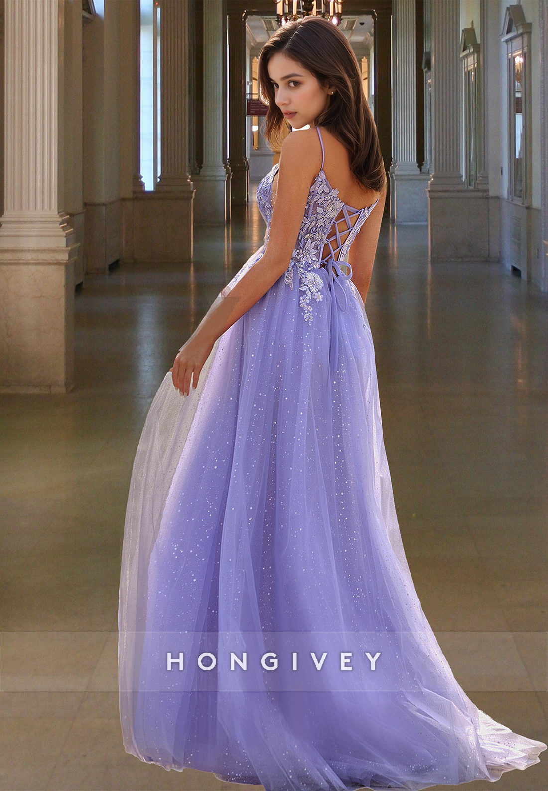 Lilac Tulle Applique Spaghetti Straps Aline With Slit Party Prom Dress Ball Gown