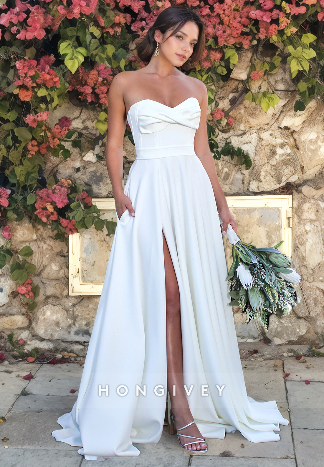 Chic Strapless Bow Aline With Belt Satin Wedding Dress Bride Gown