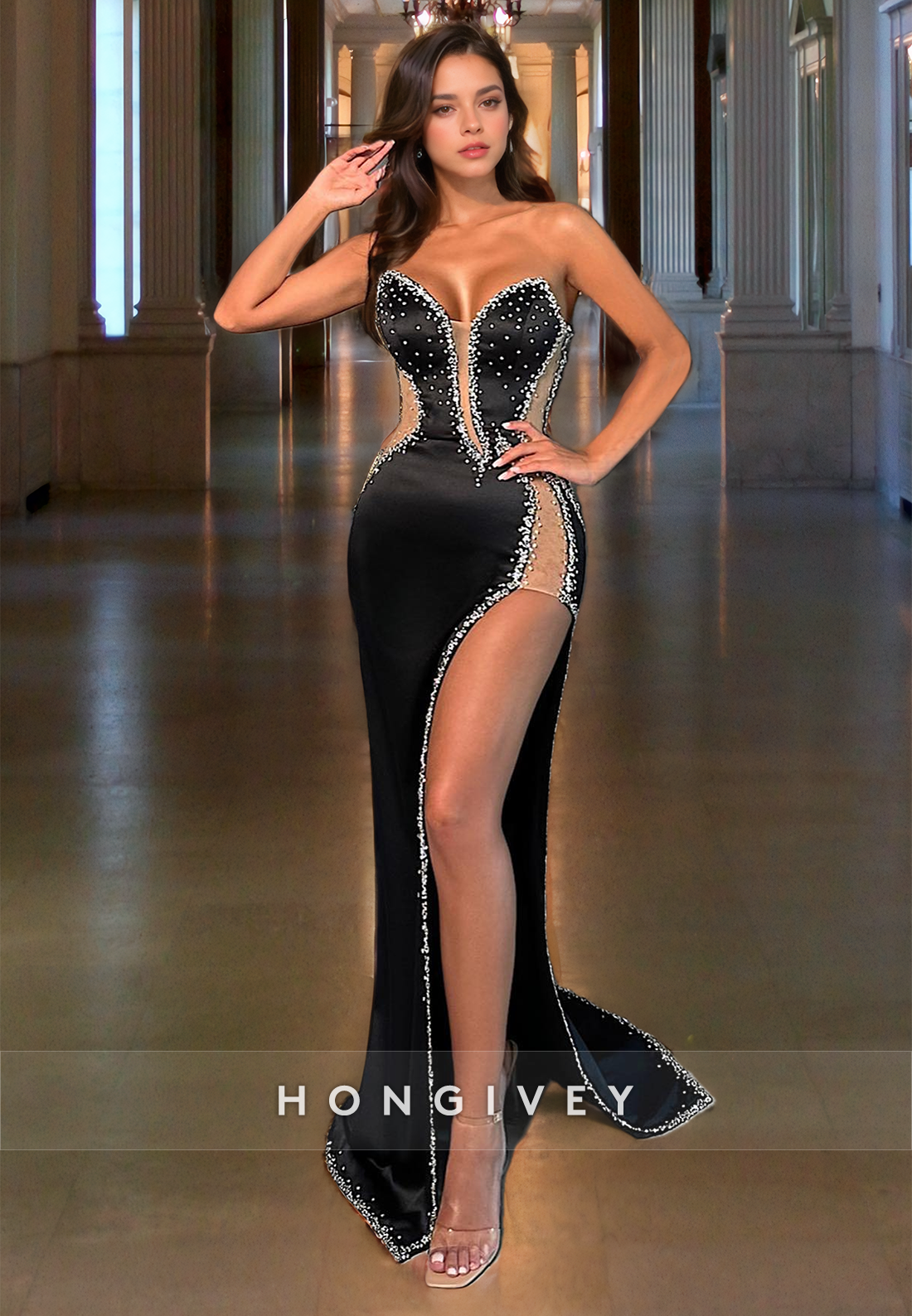 Sexy Black Beaded Evening Dress With High Slit Sweetheart Sleeveless Long Party Dress