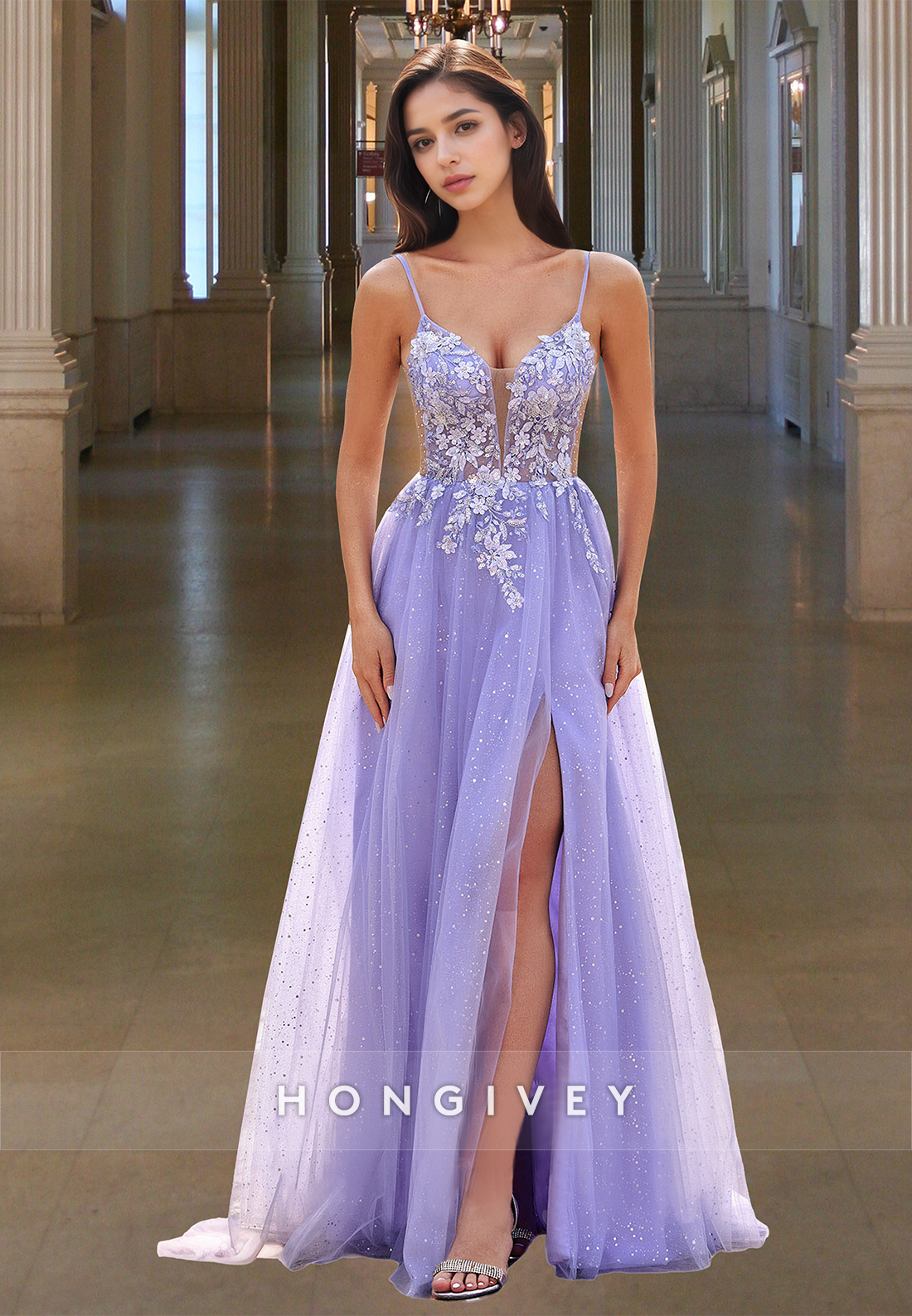 Lilac Tulle Applique Spaghetti Straps Aline With Slit Party Prom Dress Ball Gown