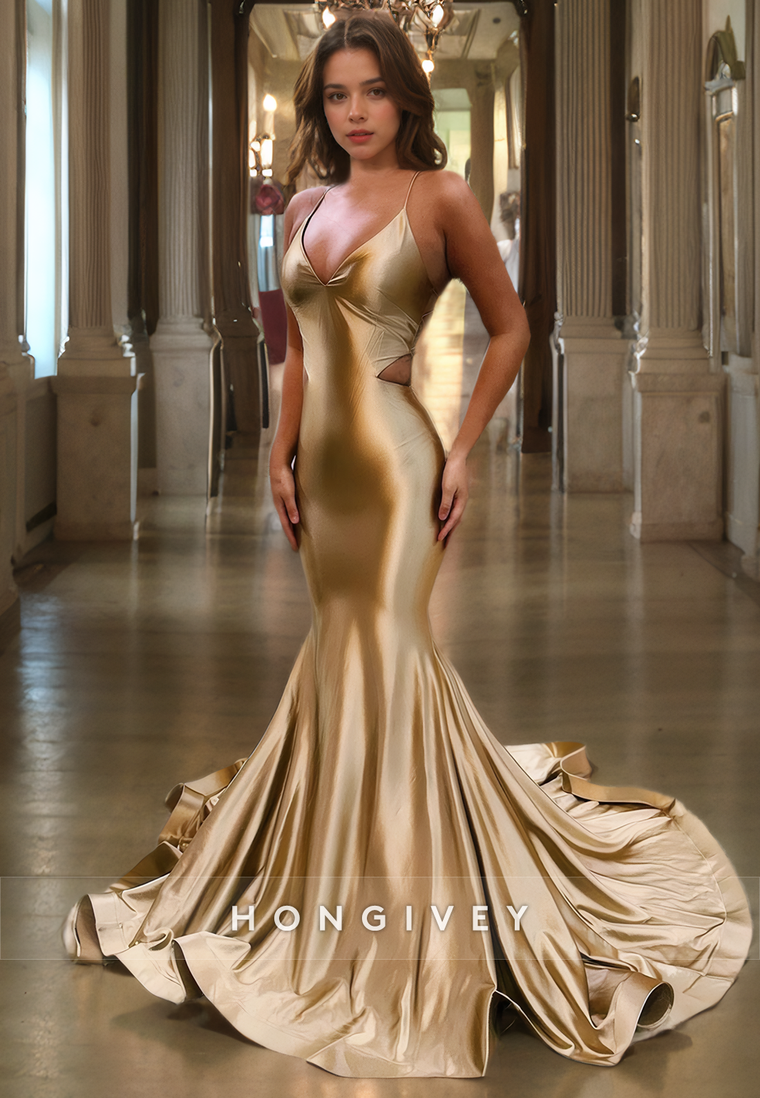 Champagne Sexy Open Back Mermaid With Train Evening Dress