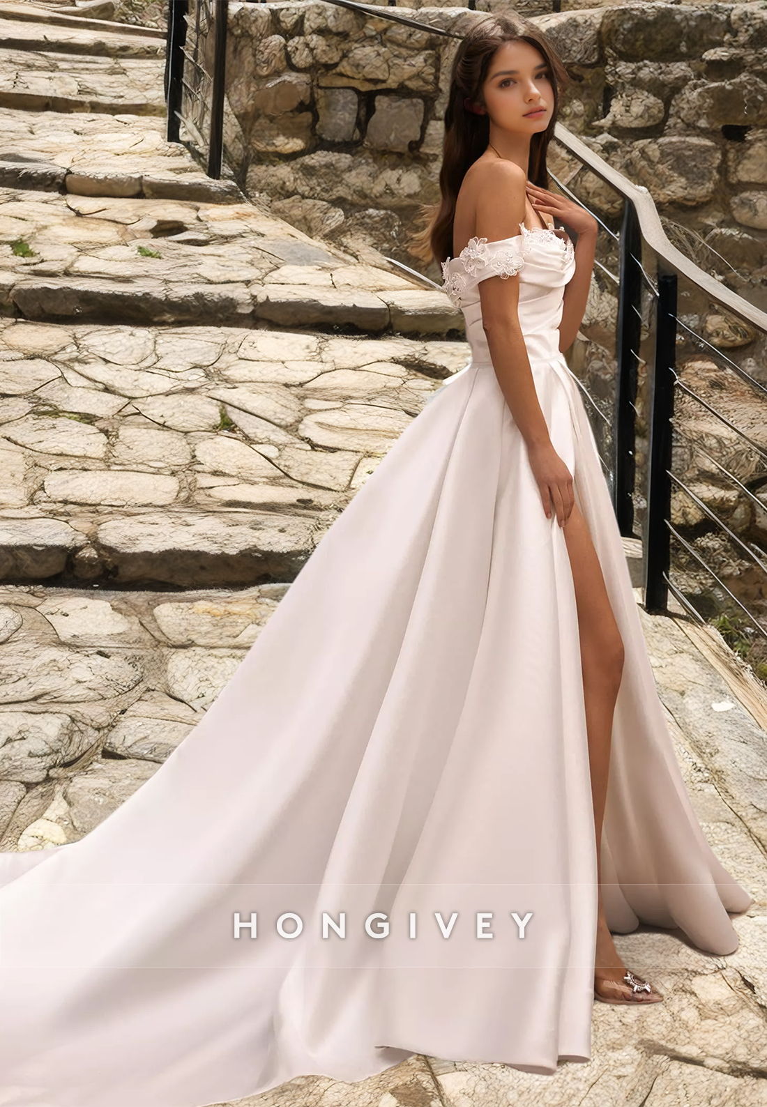 H Sexy Satin Aline Offshoulder Empire Ruched With Side Slit Train Wedding Dress