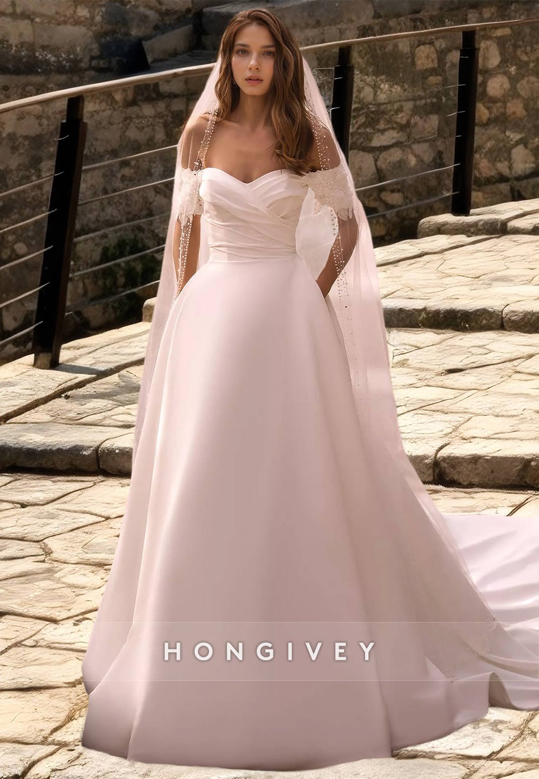 Sexy Satin Aline Offshoulder Ruched Empire Appliques With Train Wedding Dress