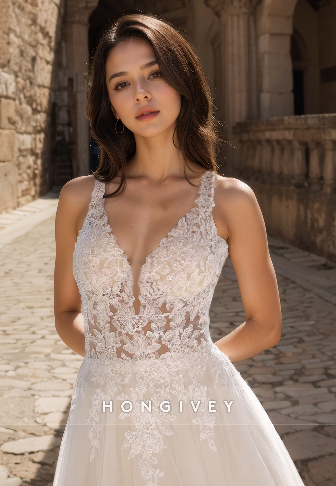 Sexy Tulle Aline Vneck Spaghetti Straps Empire Illusion Appliques With Train Wedding Dress