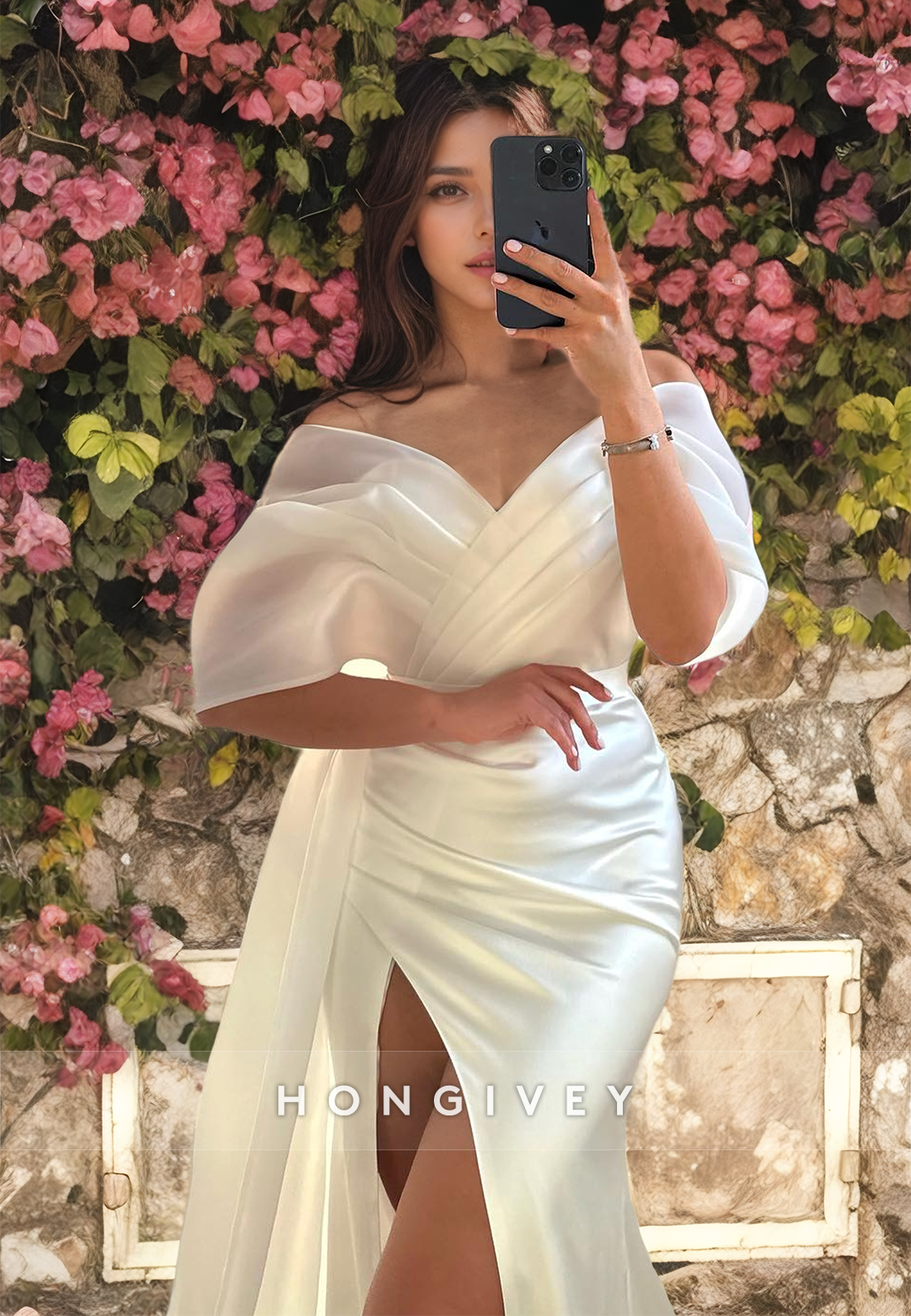 Satin Trumpet Offshoulder Ruched With Side Slit Train Wedding Dress