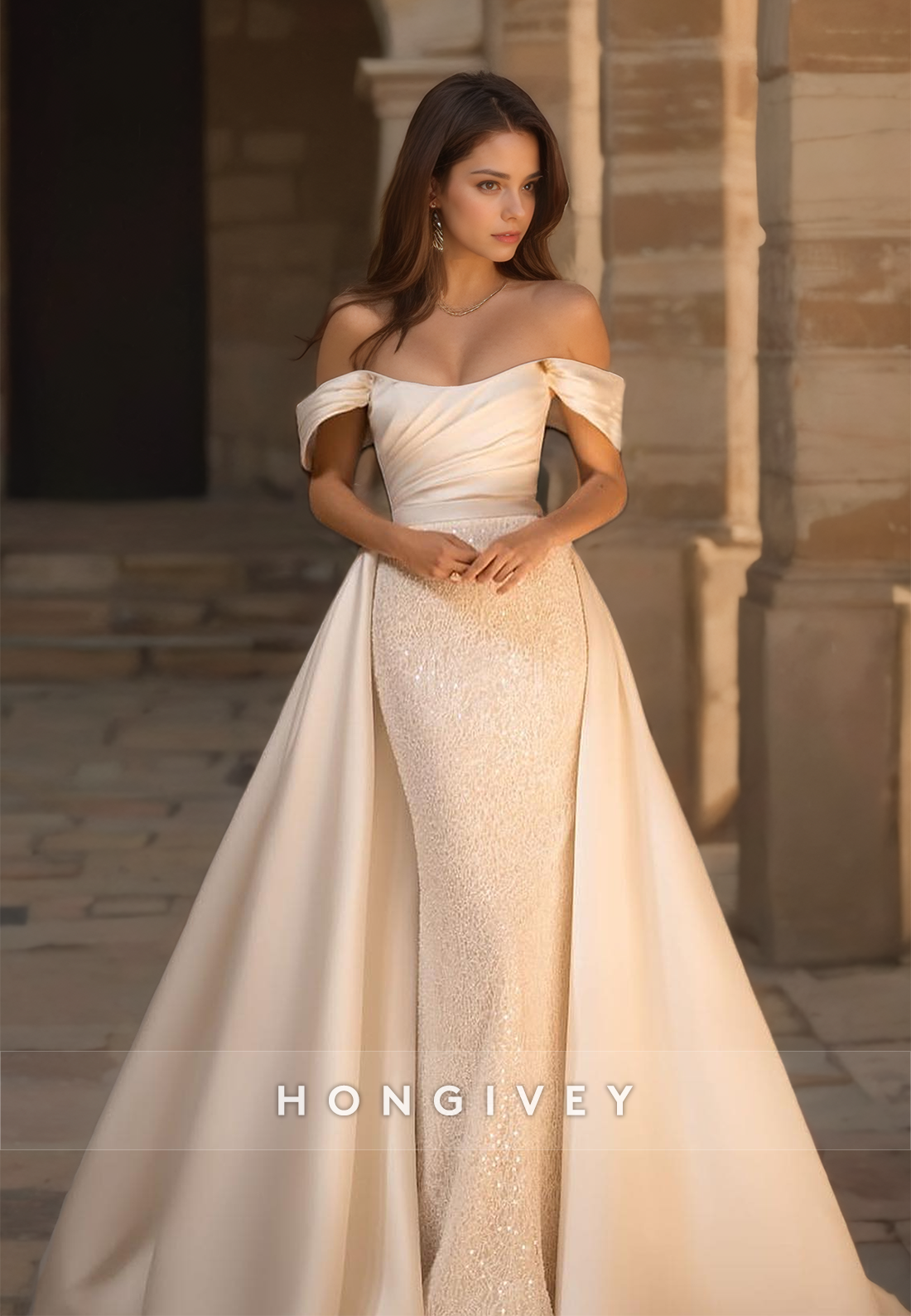 H Sexy Satin Aline Offshoulder Empire Pleats Beaded Overskirt Gown Wedding Dress