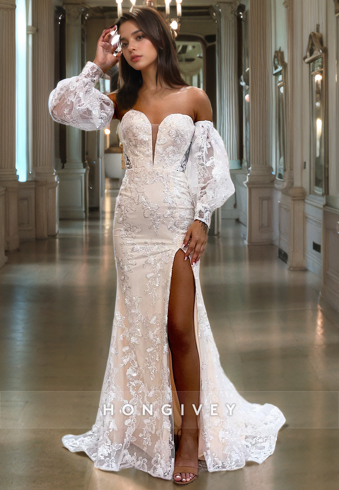 L Fully Lace Embroidered Plunging Illusion Puff Sleeves With Train And Slit Party Prom Evening Formal Dress