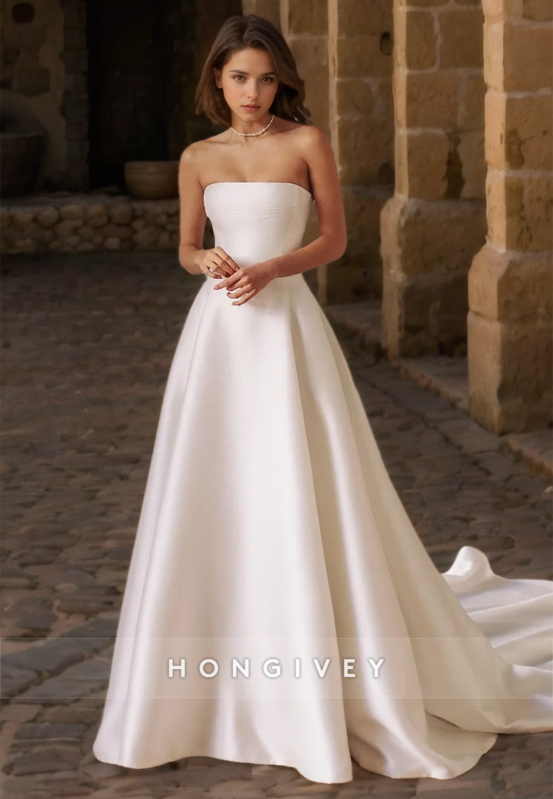 Strapless Wedding Dress With Train Aline Sleeveless Classic Satin Bridal Dresses