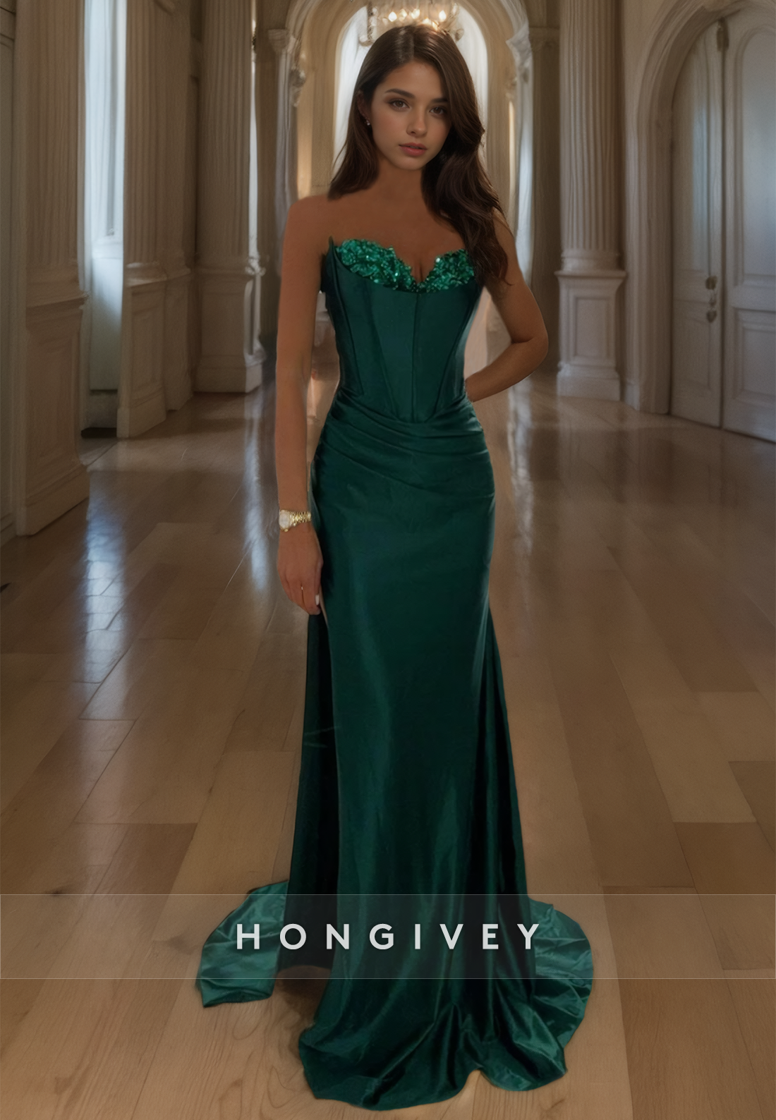 Dark Green Beaded Formal Evening Dress Sweetheart Aline Prom Gown With Train