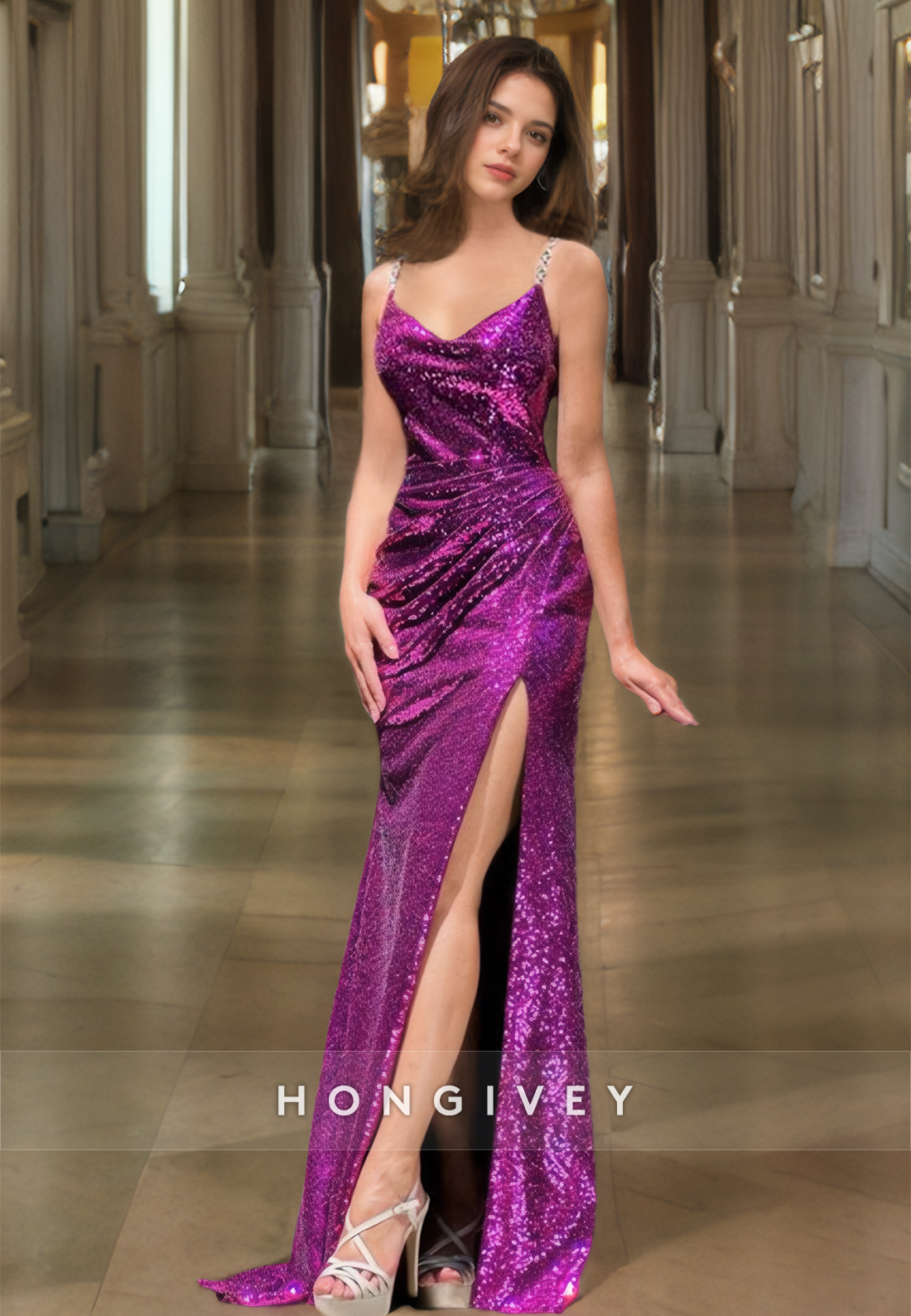 Fully Sequined Vneck High Slit With Train Party Evening Prom Dress