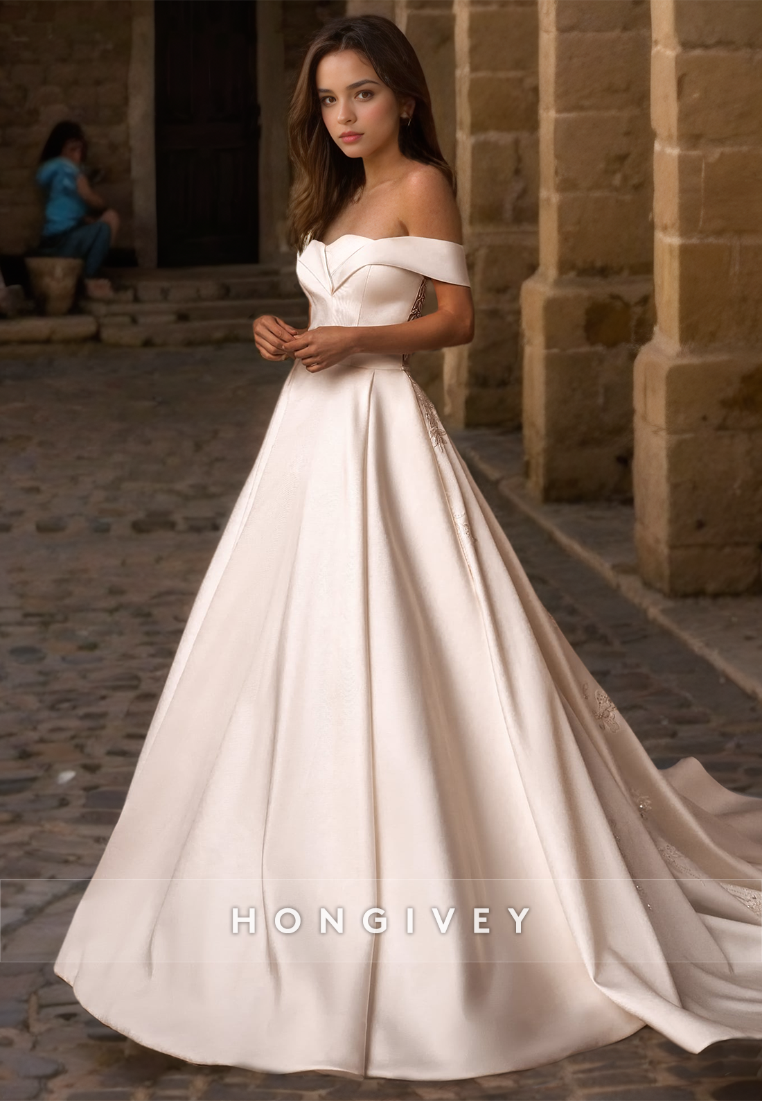 Sexy Satin Aline Offshoulder Empire Appliques With Train Wedding Dress