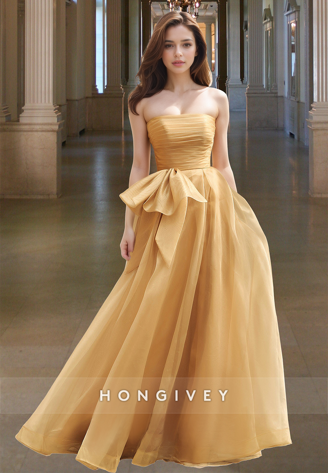 Formal Strapless Evening Dress Aline Yellow Ruched Tulle With Bow Prom Gown