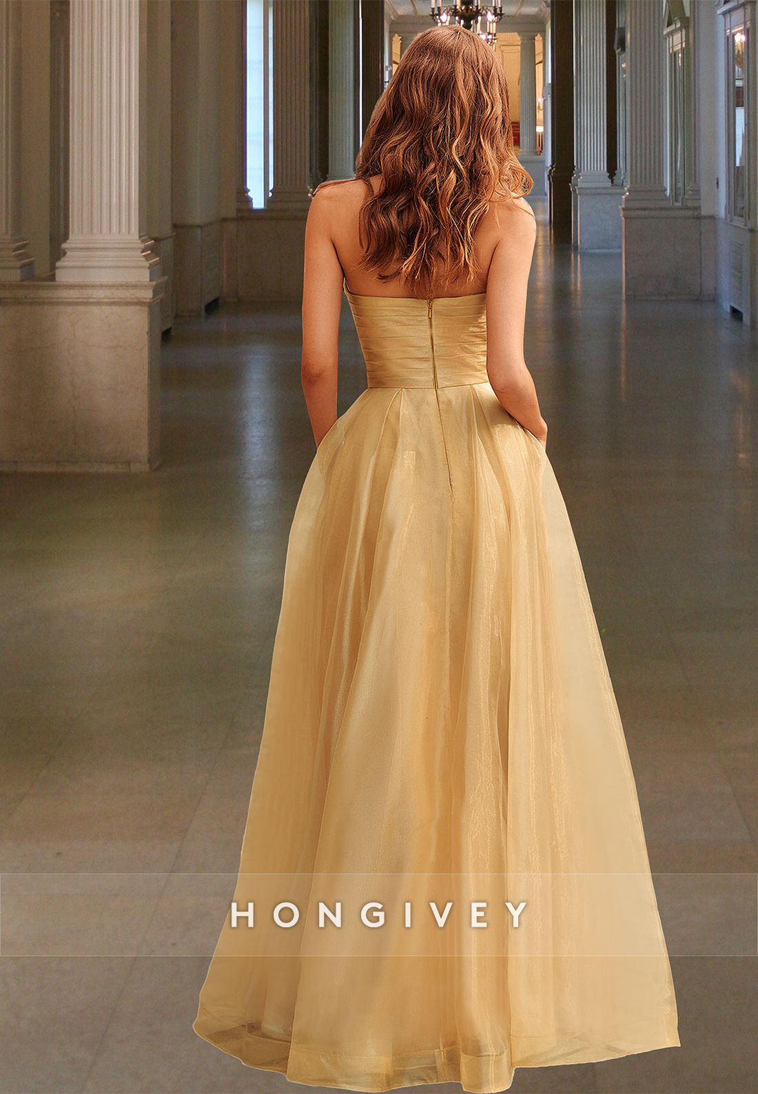 Formal Strapless Evening Dress Aline Yellow Ruched Tulle With Bow Prom Gown