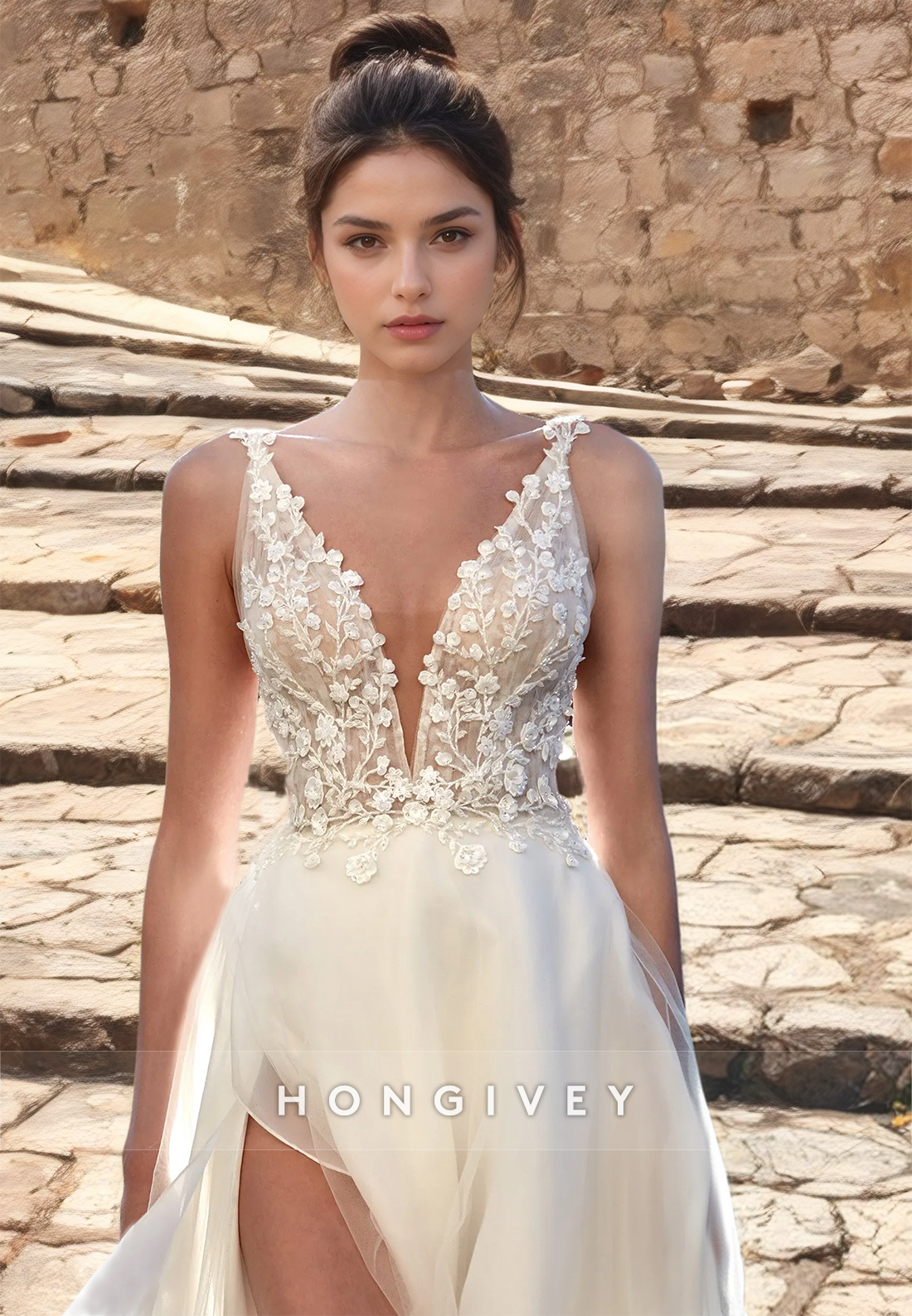 Sexy Tulle Aline Vneck Spaghetti Straps Illusion Empire Appliques With Side Slit Wedding Dress