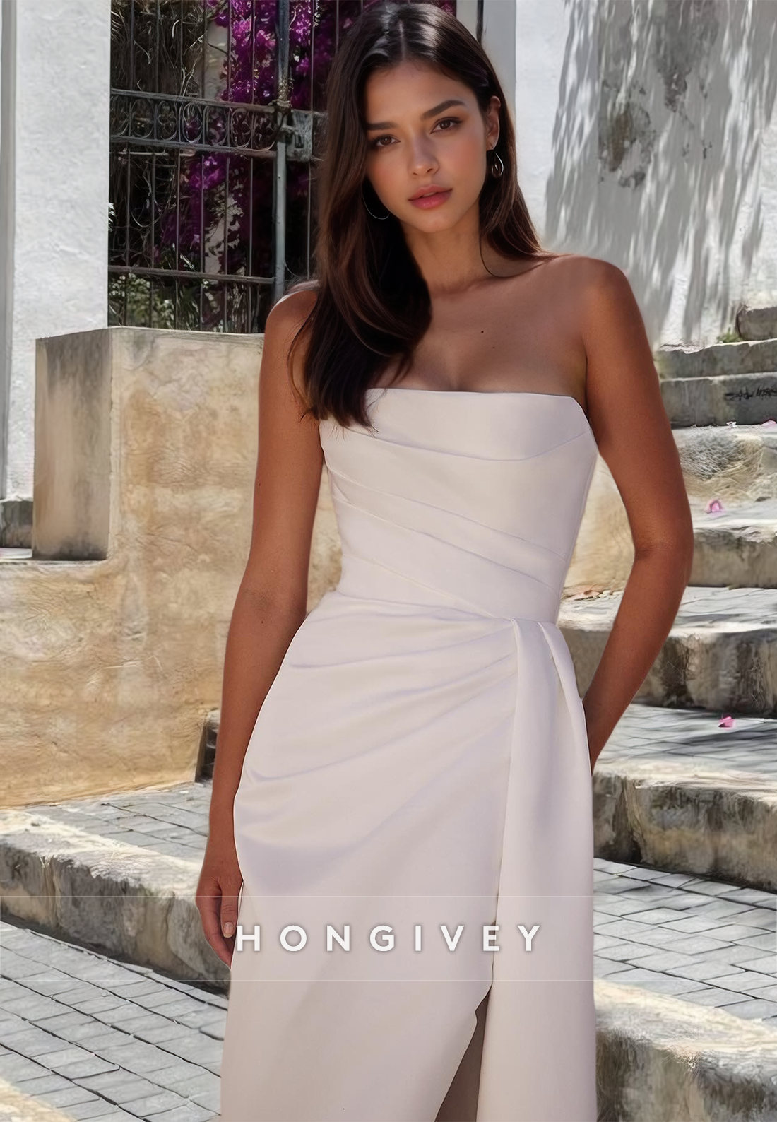 Satin Bateau Sleeveless Empire Pleats With Side Slit Wedding Dress