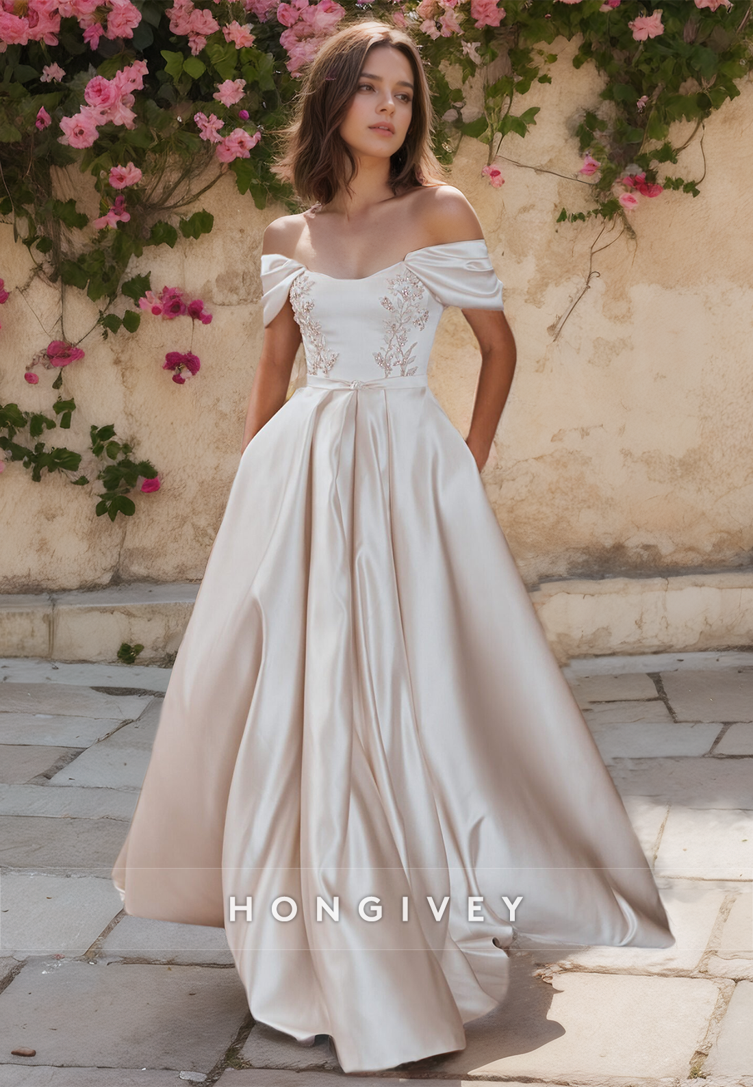 Sexy Satin Aline Offshoulder Empire Beaded Embroidery With Pockets Train Wedding Dress