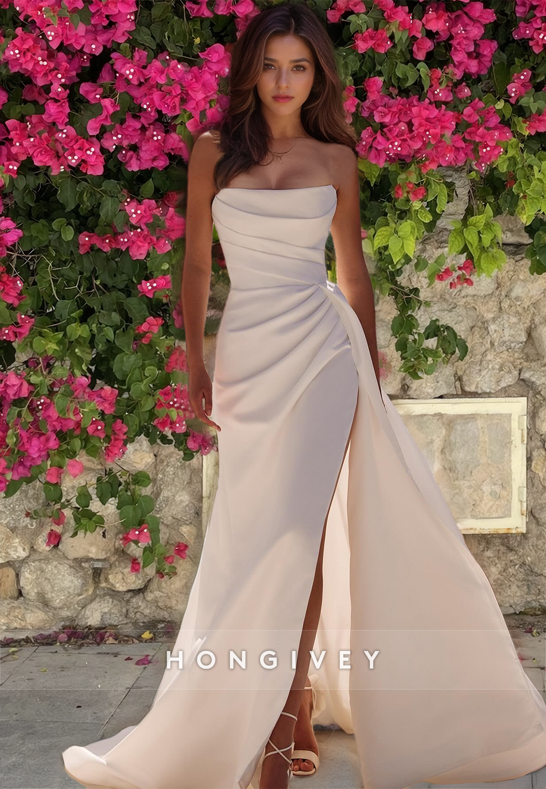 Satin Bateau Sleeveless Empire Pleats With Side Slit Wedding Dress