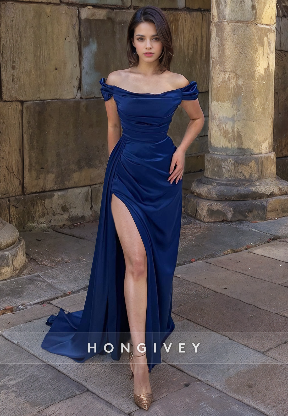 Classic Bateau Offshoulder With Slit Formal Party Gown Evening Dress