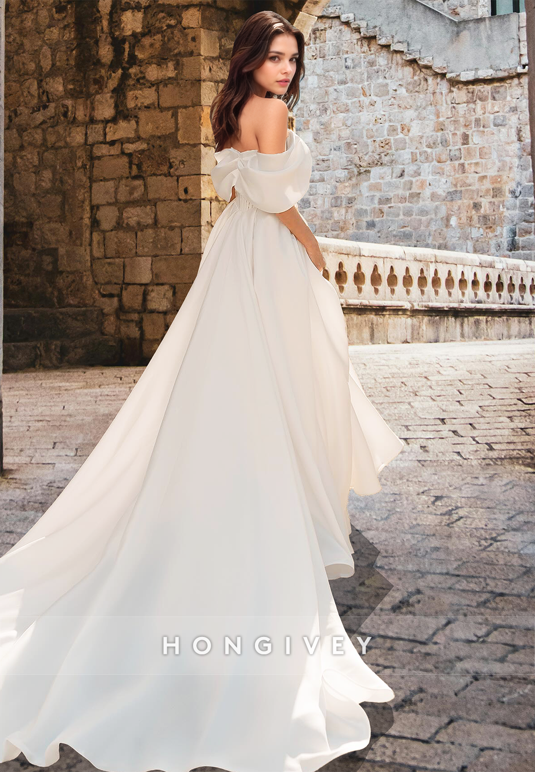 Chic Offshoulder Aline Satin With Train Wedding Dress Bride Gown