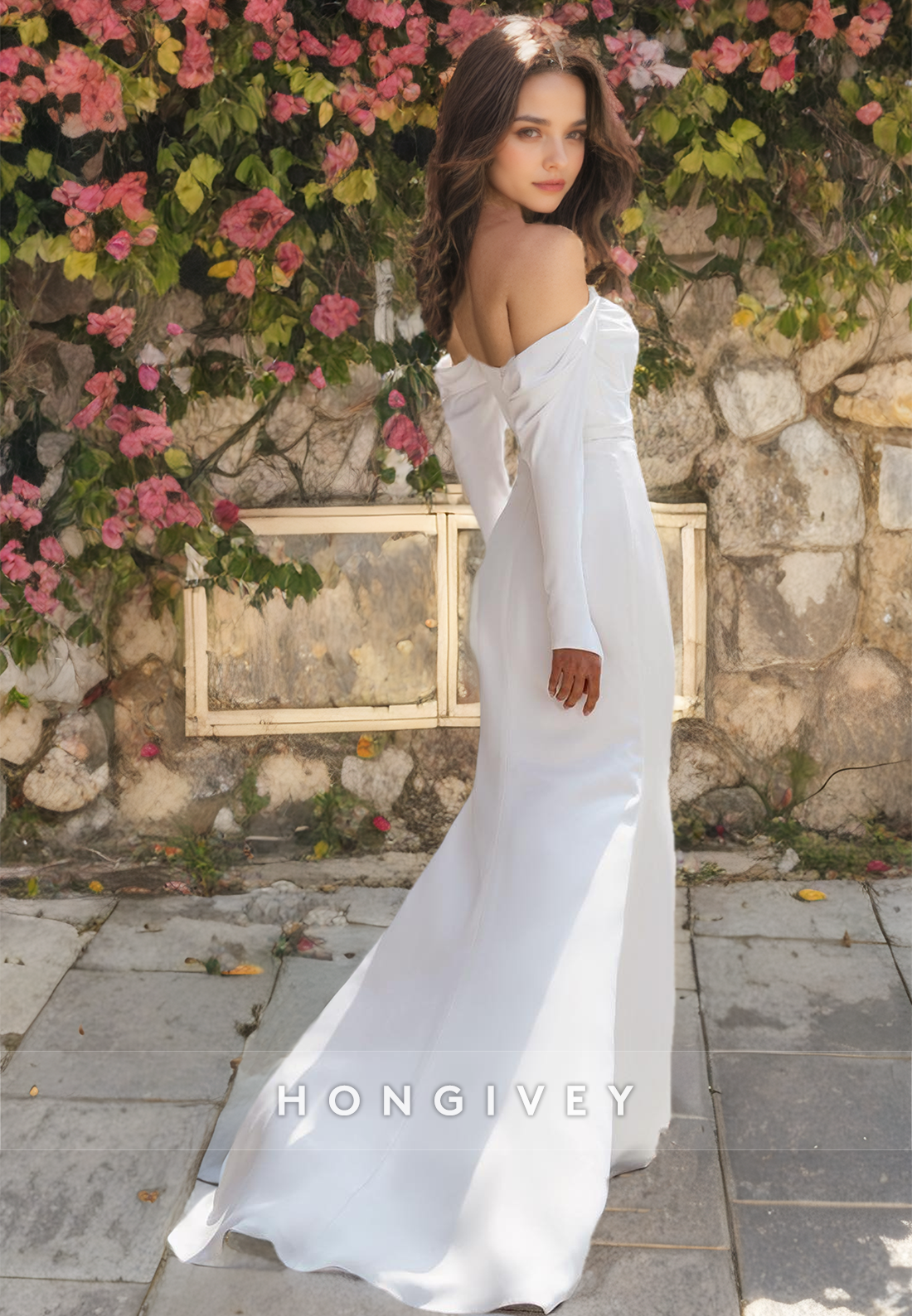 Offshoulder Long Sleeve Empire Pleats With Side Slit Wedding Dress