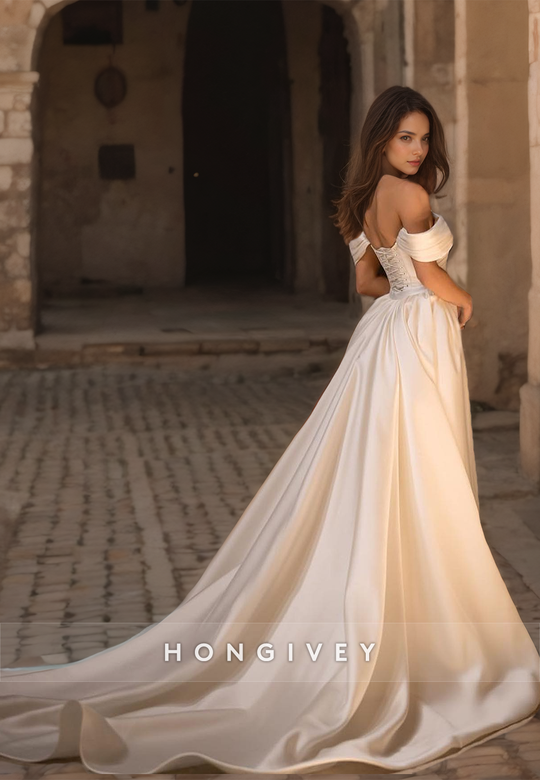 H Sexy Satin Aline Offshoulder Empire Pleats Beaded Overskirt Gown Wedding Dress