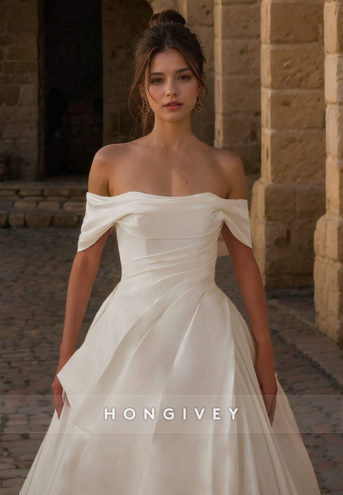 Sexy Satin Aline Offshoulder Empire Ruched With Train Wedding Dress