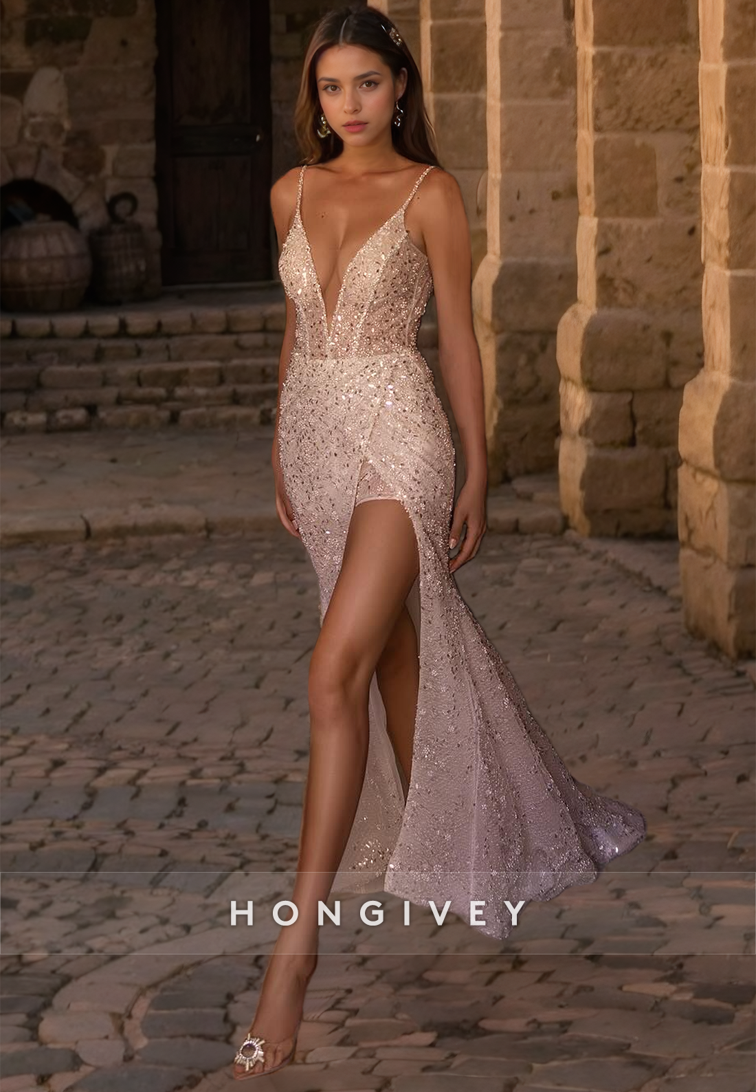 Sexy Fitted Vneck Spaghetti Straps Sequined With Side Slit Wedding Dress