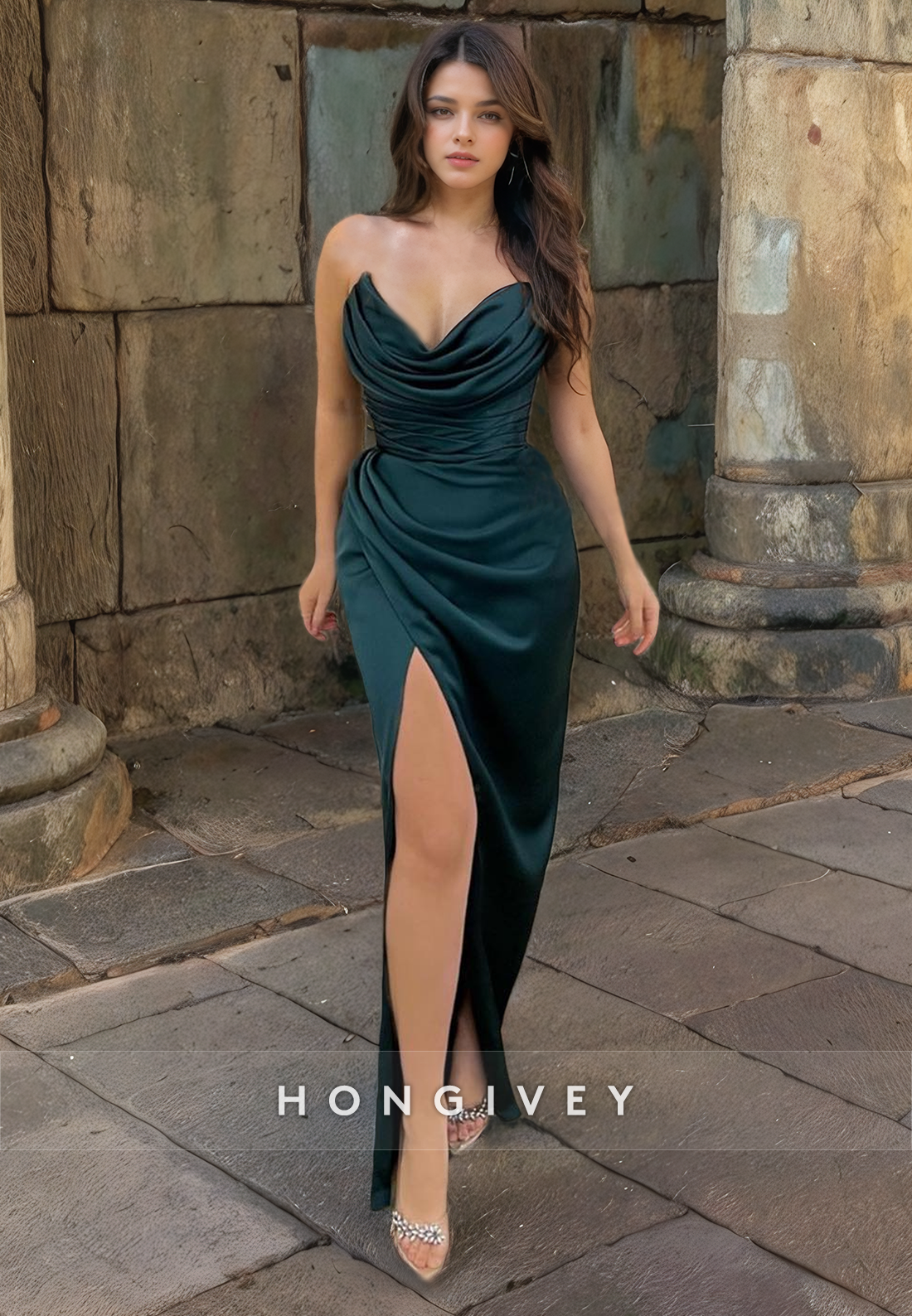 Sexy Ruched Sleeveless Satin Classic Vneck Evening Dress