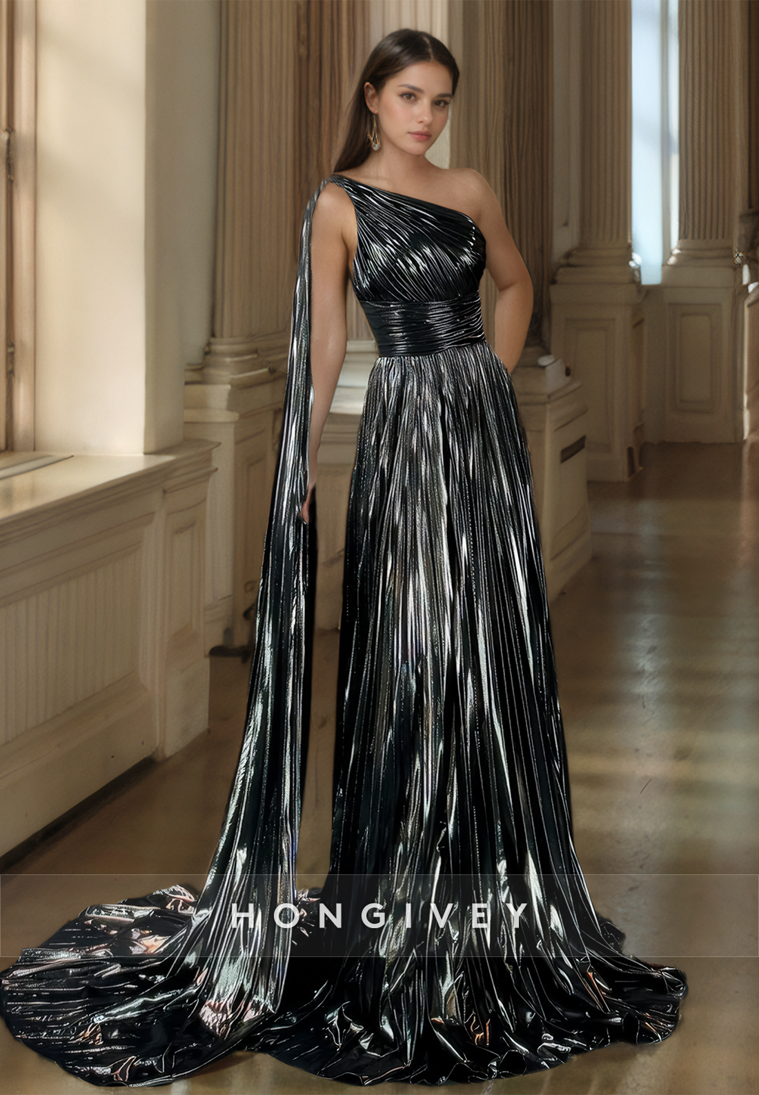 Special Metallic Ruched One Shoulder Evening Dress Party Gown Floor Length