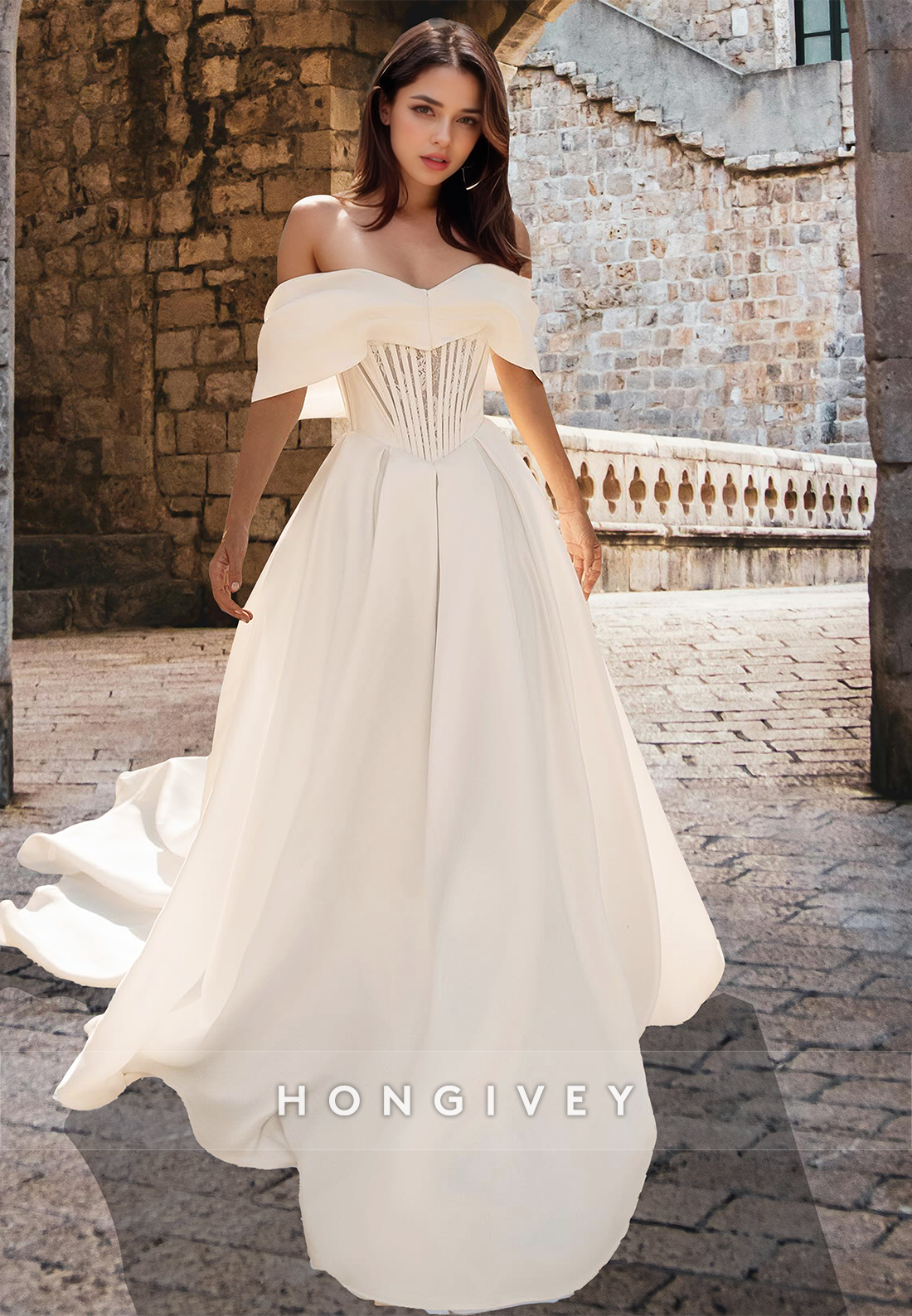 Chic Offshoulder Aline Satin With Train Wedding Dress Bride Gown