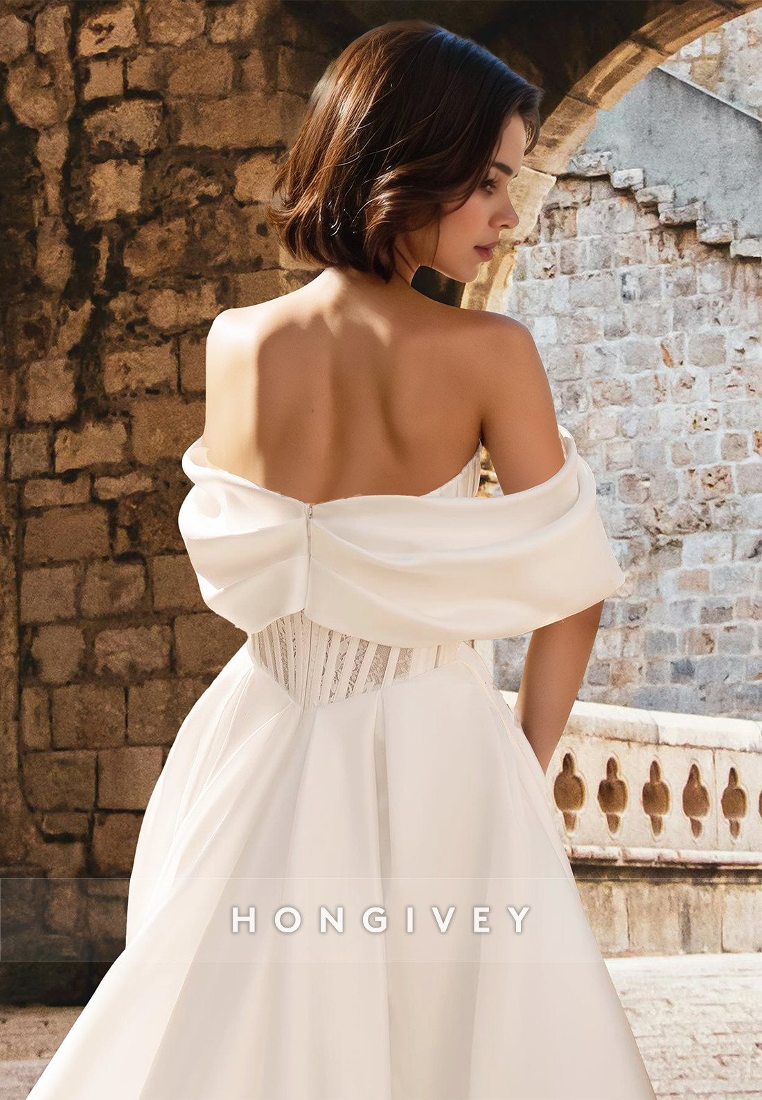 Chic Offshoulder Aline Satin With Train Wedding Dress Bride Gown