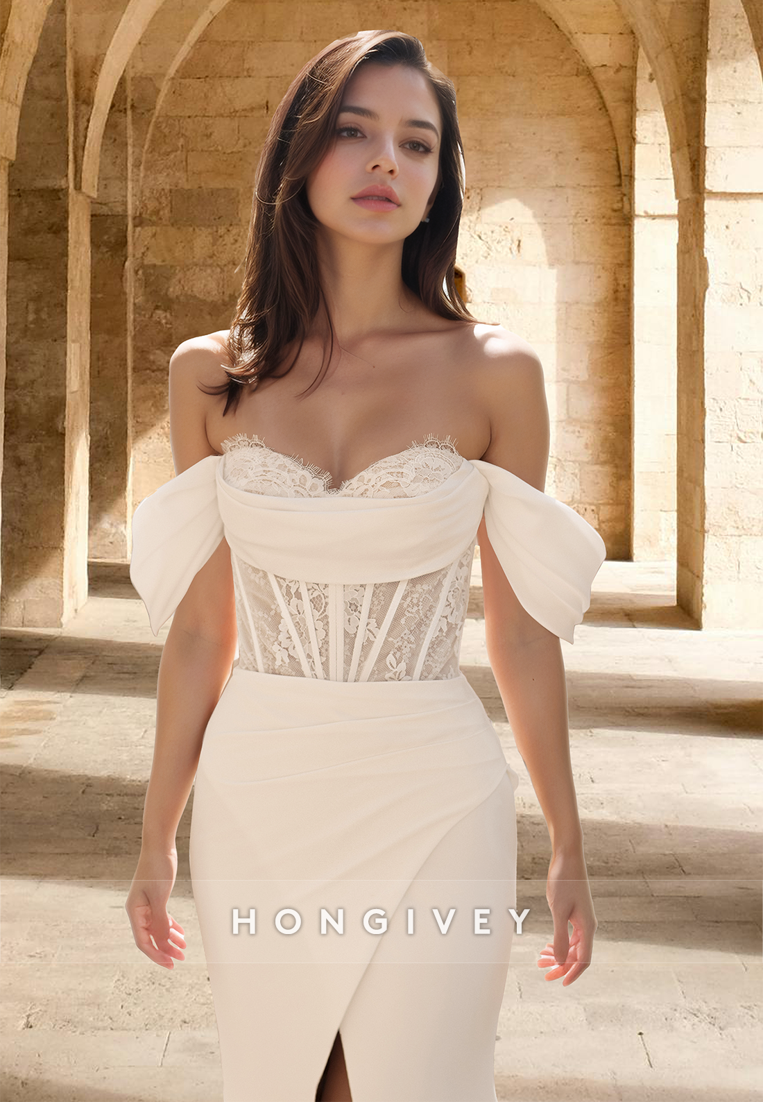 Applique Offshoulder Trumpet With Slit Satin Wedding Dress