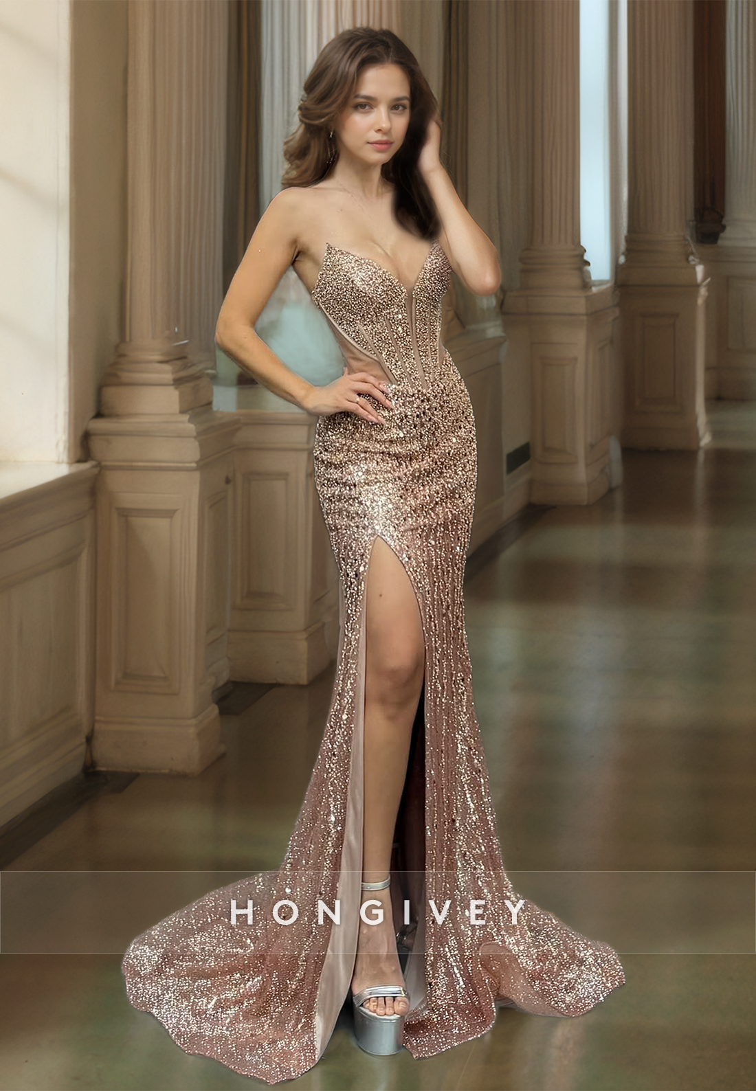 Gorgeous Sexy Champagne Strapless Mermaid/Trumpet Formal Evening Dress With Side Slit