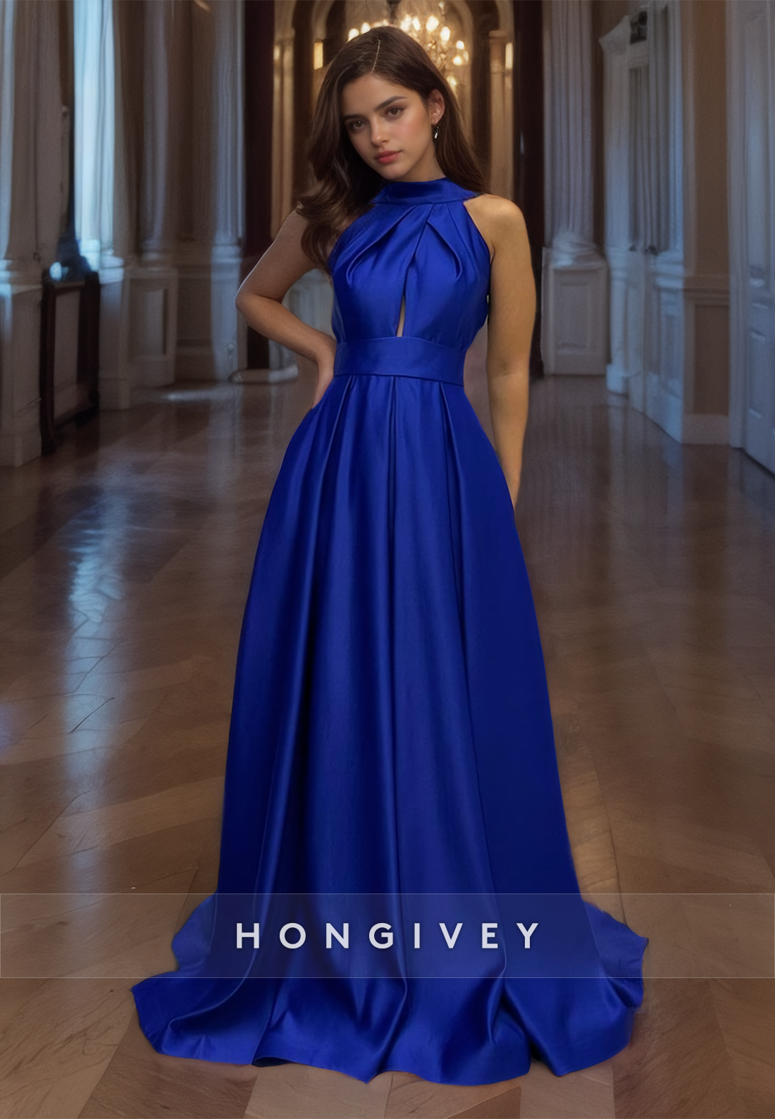 Sexy Backless Aline Prom Gown Evening Dress Satin Crossneck Royal Blue Party Dress