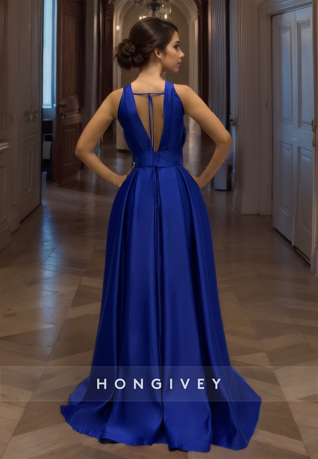 Sexy Backless Aline Prom Gown Evening Dress Satin Crossneck Royal Blue Party Dress