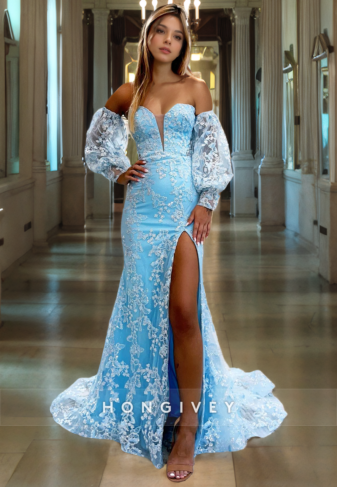 L Fully Lace Embroidered Plunging Illusion Puff Sleeves With Train And Slit Party Prom Evening Formal Dress