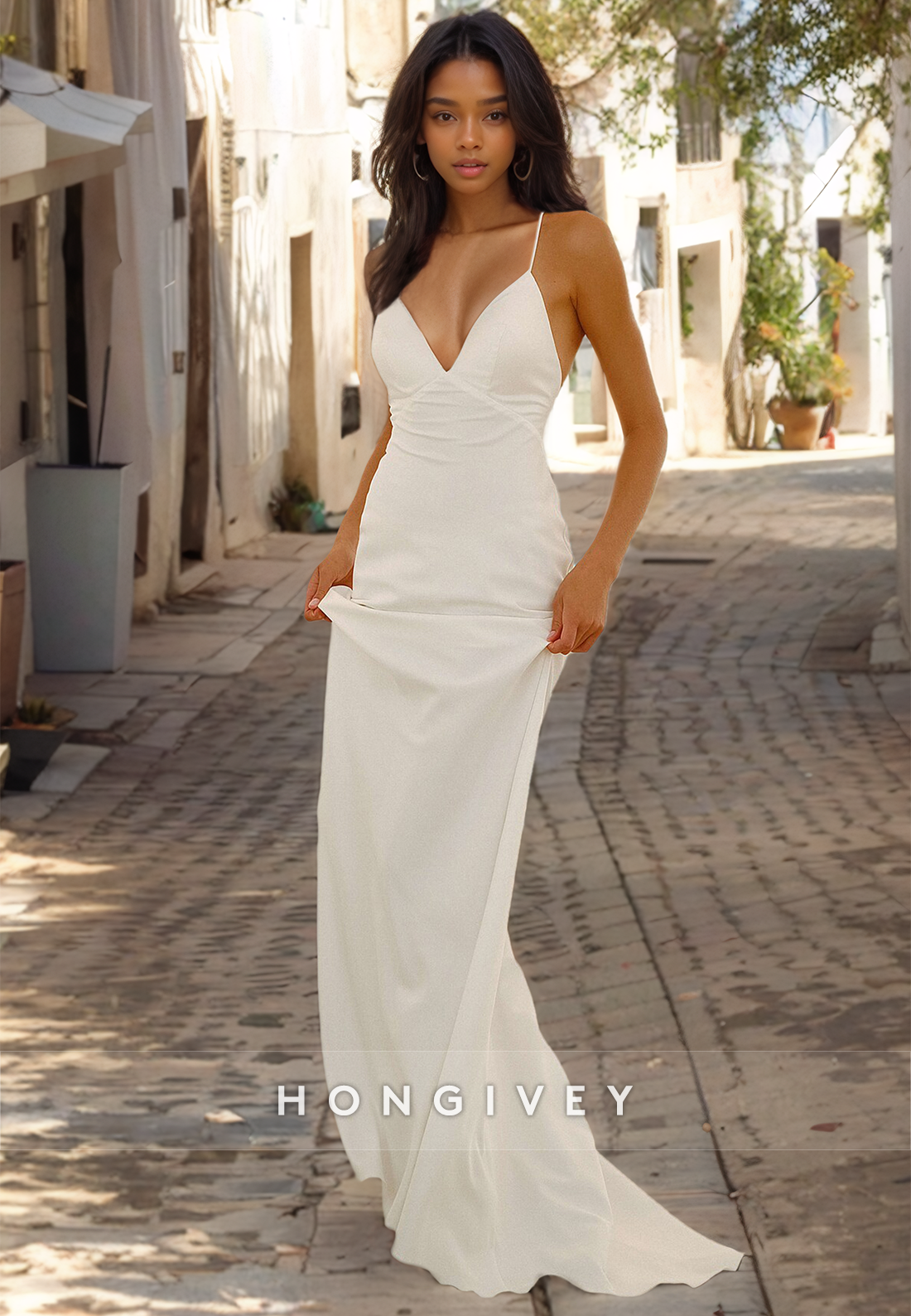 Casual Vneck Sleeveless Laceup Beach Wedding Dress