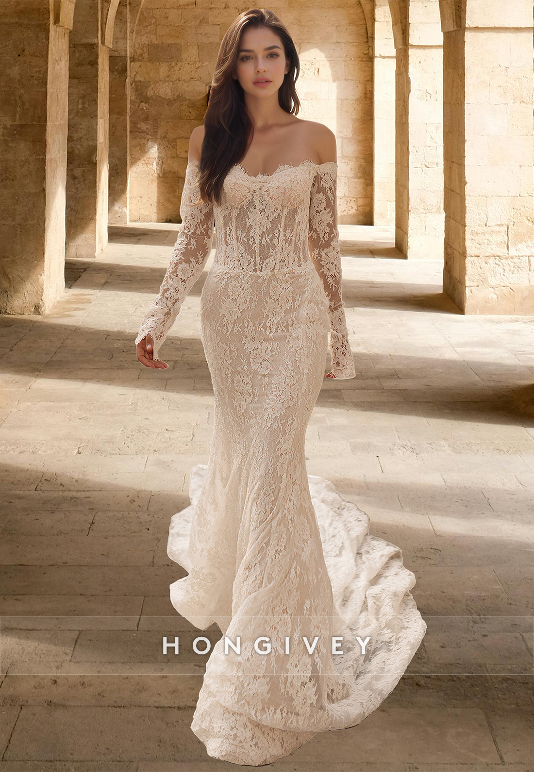 Lace Applique With Train Mermaid Wedding Dress Offshoulder Sleeves Bride Gown