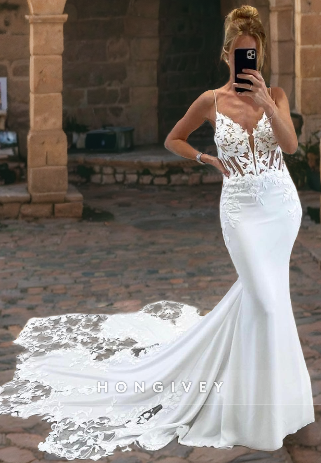 Trumpet Vneck Spaghetti Straps Lace Applique With Train Wedding Dress