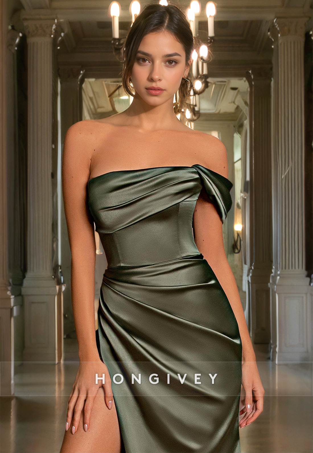 L Couture Simple Draped Sleeveless With Train And High Slit Party Prom Formal Evening Dress