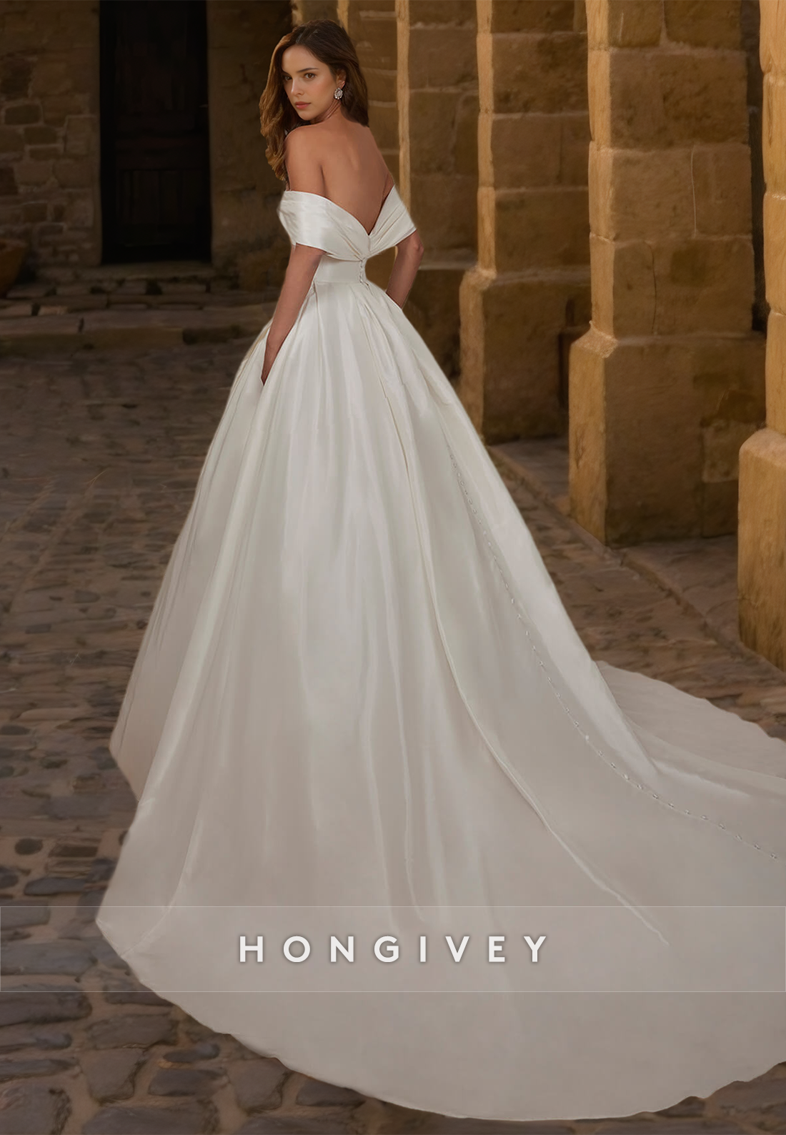 Sexy Satin Aline Offshoulder Empire Ruched With Train Wedding Dress